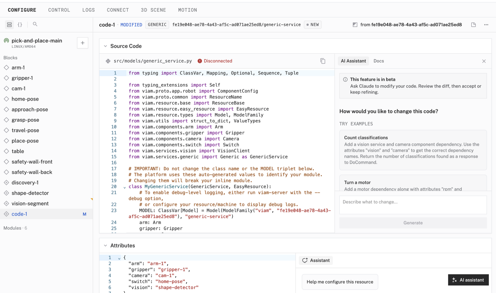 The inline module code editor open in Configure with the generated Python skeleton.